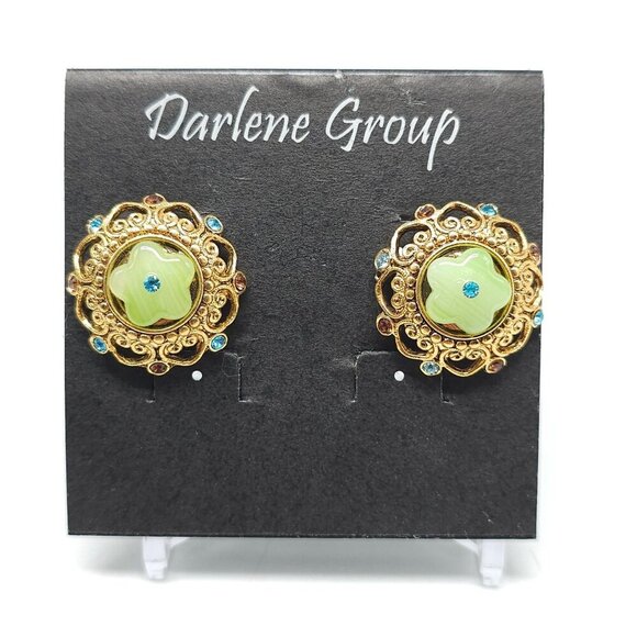 Vintage Darlene Group Earrings Gold Tone Green Flower Bead Rhinestones - Picture 1 of 4